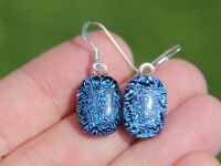 Blue Purple Crinkle Dichroic Glass Drop Earrings