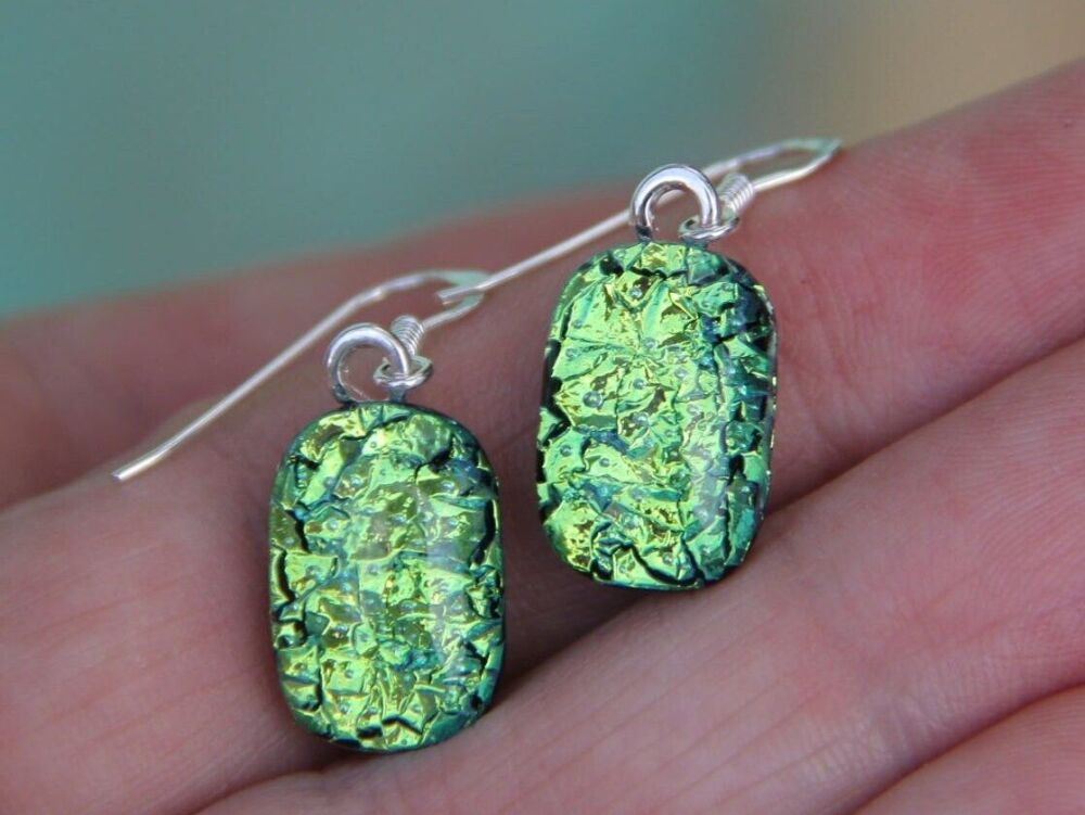 Green Gold Crinkle Dichroic Glass Earrings
