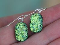 Green Gold Crinkle Dichroic Glass Earrings