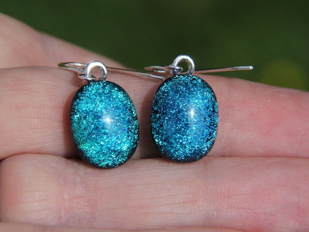 Teal Dichroic Glass Drop Earrings