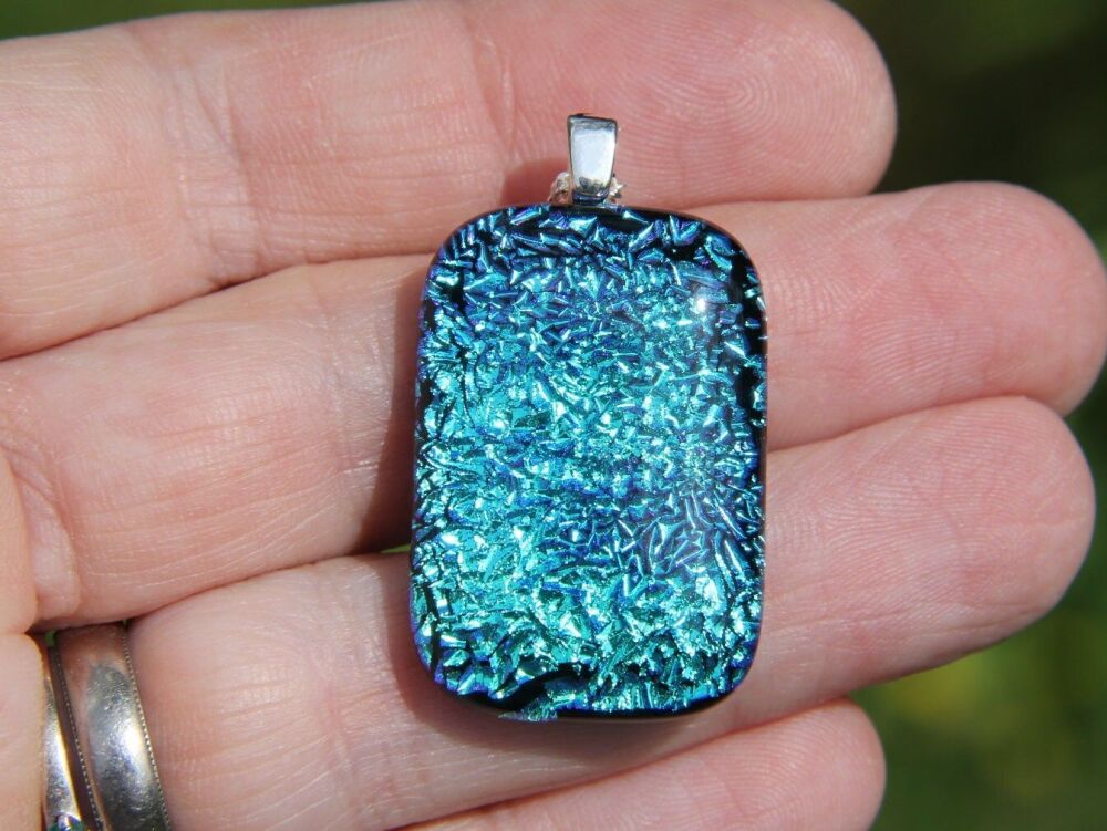 Blue Crinkle Dichroic Glass Pendant Necklace