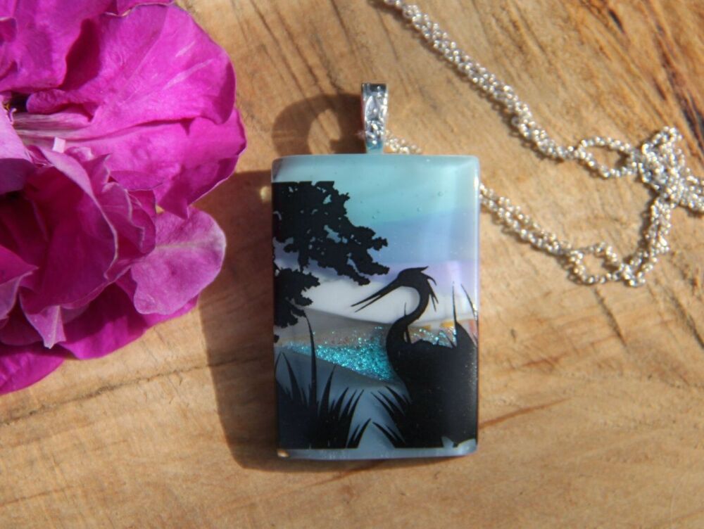 Dichroic Glass Crane Landscape Pendant: Fused Glass Lakeside Bird Necklace