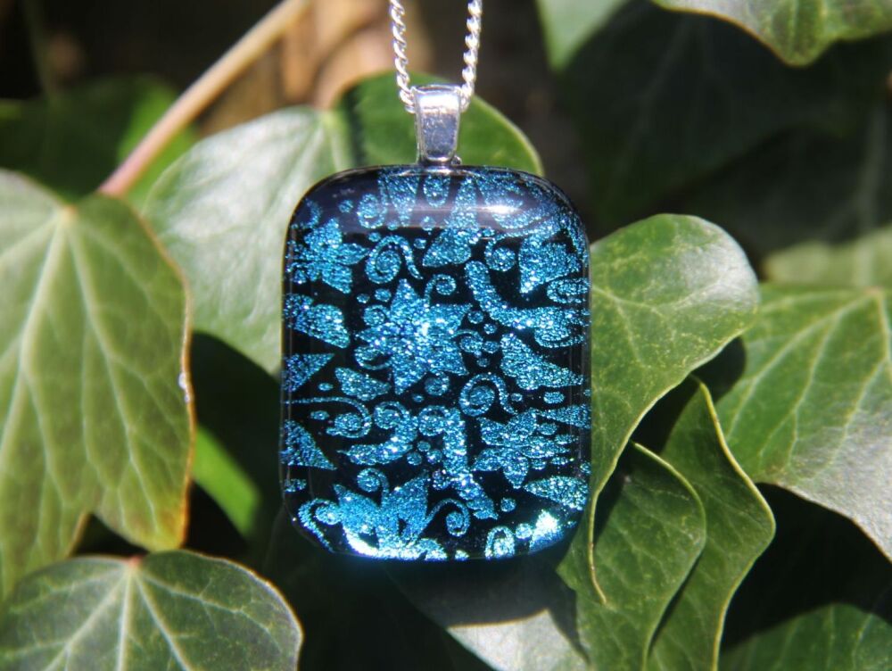 Turquoise Dichroic Glass Pendant: Flower Pattern
