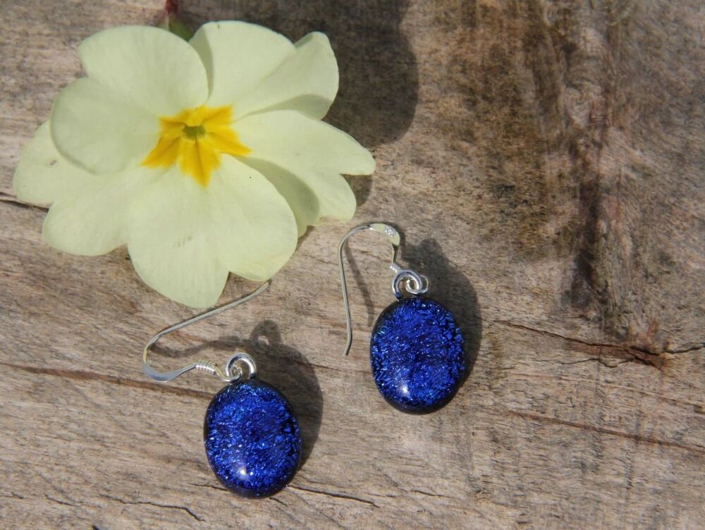 Royal Blue Dichroic Glass Earrings, Sterling Silver Dangle Earrings