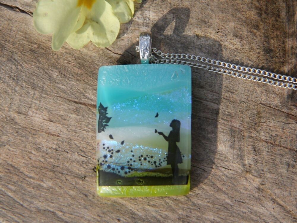 Dichroic Glass Butterfly Meadow Landscape Pendant