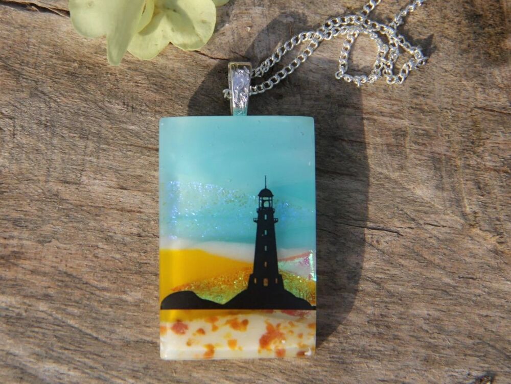 Dichroic Glass Lighthouse Landscape Pendant, fused glass necklace