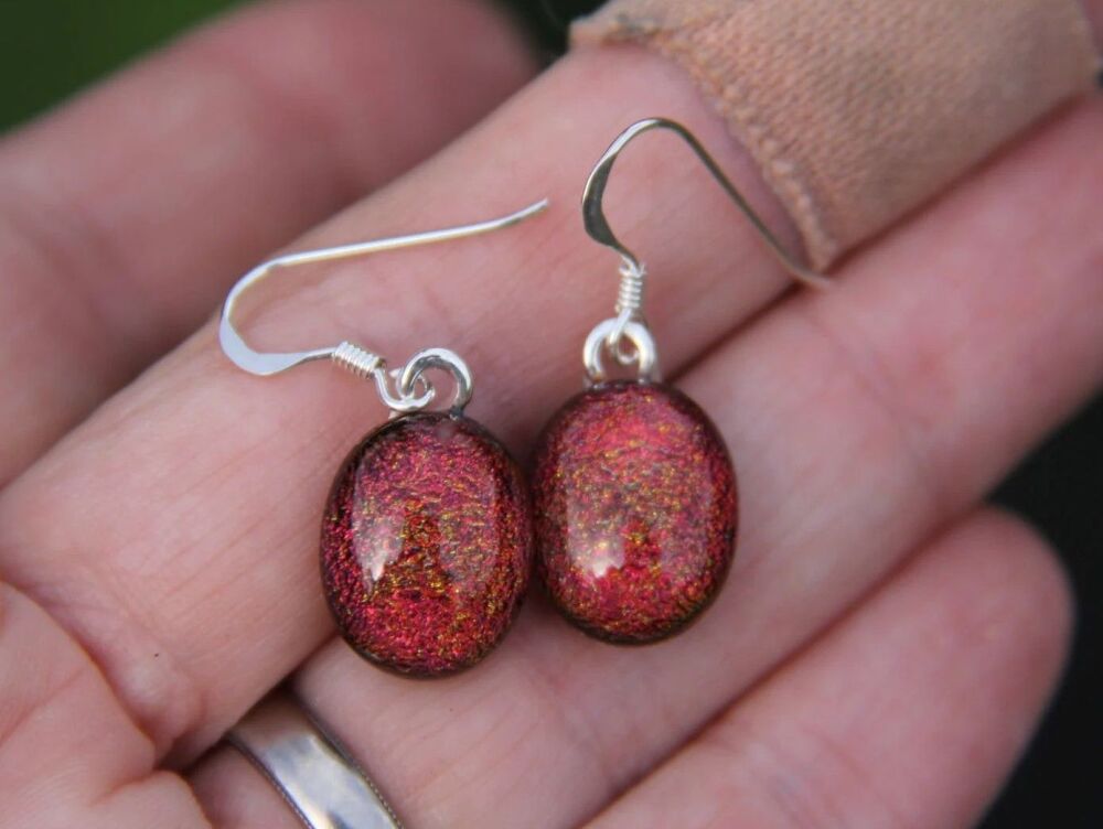 Red Dichroic Glass Drop Dangle Earrings: