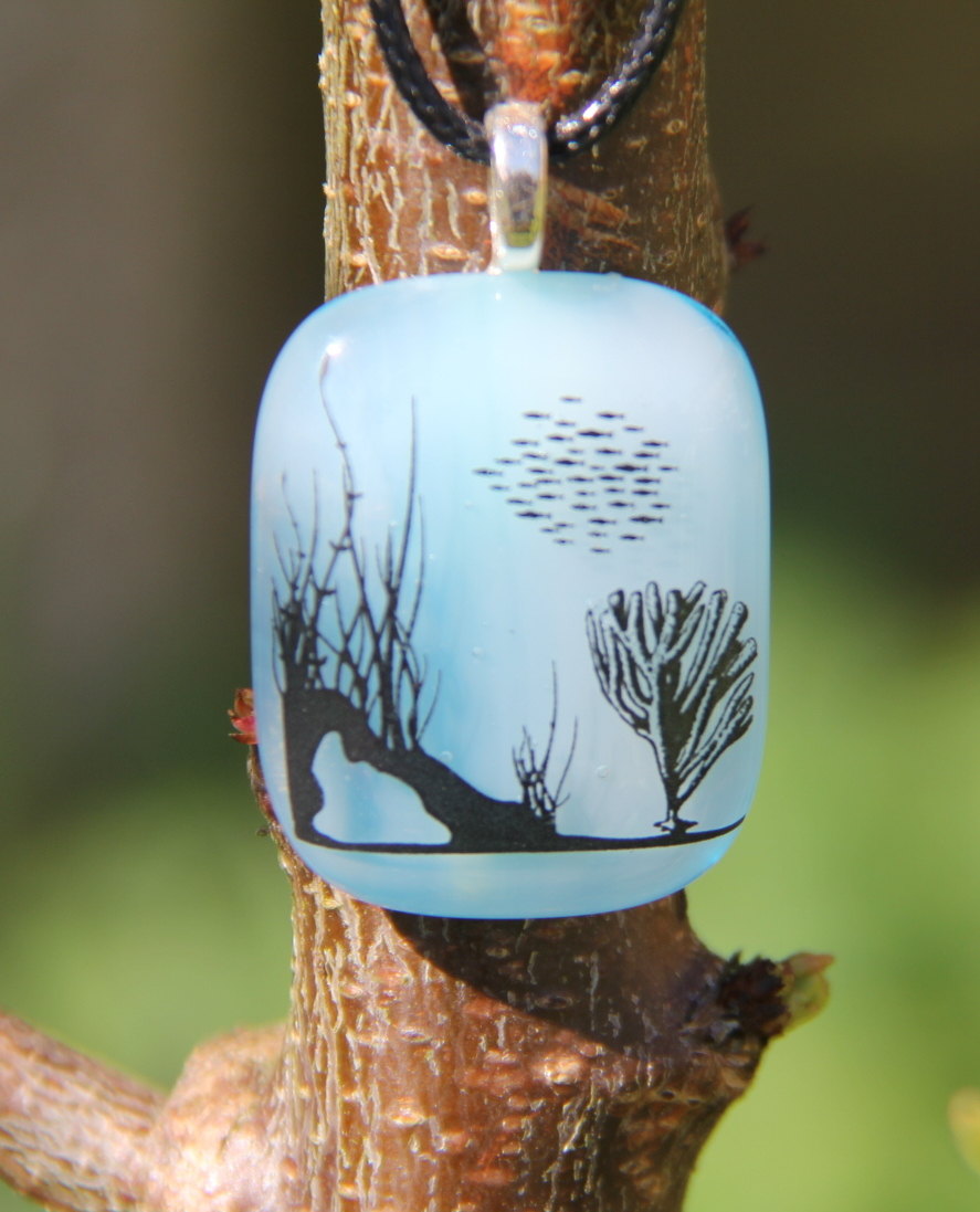 Pale blue and white sea scene glass pendant, fused glass necklace ...