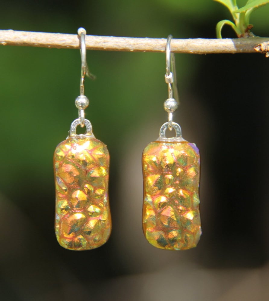 Orange / yellow textured dichroic dangly earrings