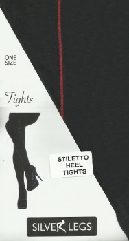 Silver Legs Stiletto Heel Tights Black with Red Seams One Size