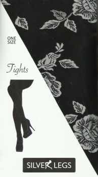 Silver Legs Black Tights with White Embossed Roses Pattern