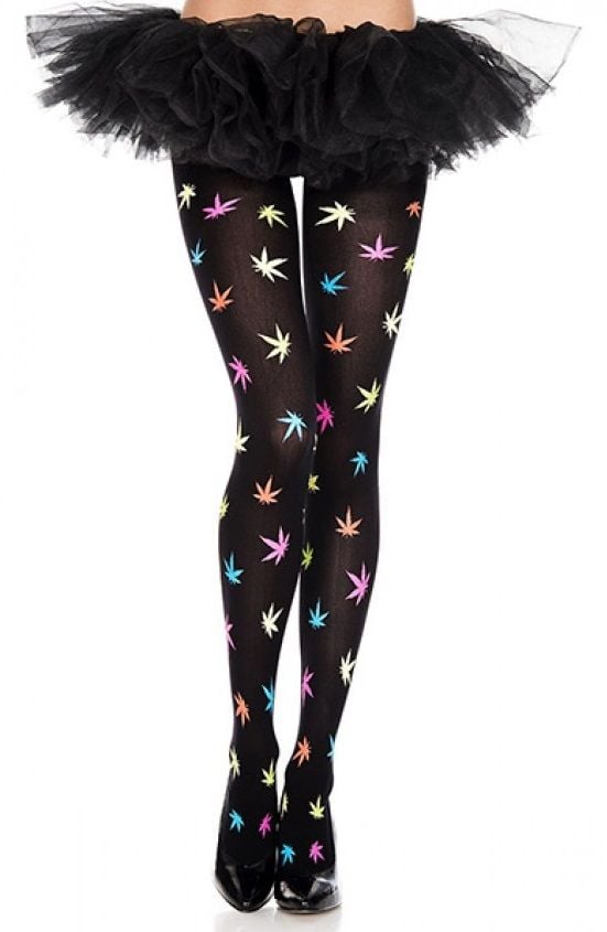 Music Legs Multi Colour Leaf Print Opaque Tights