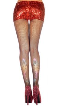 Music Legs Fishnet Tights with Peacock Feather Print