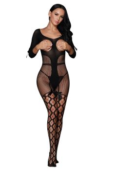 Open Cup Fishnet Off-shoulder Bodystocking with Bow L79897-2