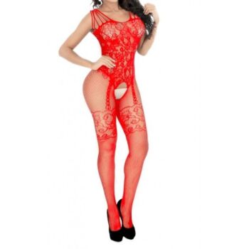 Fishnet Crotchless Body Stocking in Red