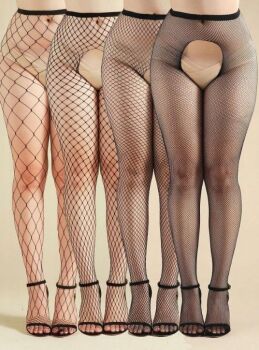 4 Pairs of Open Crotch Fishnet Tights One Size Black