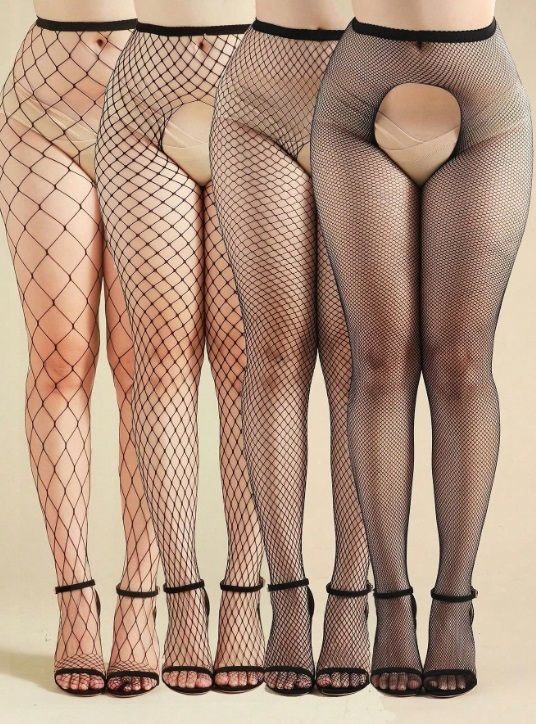 4 Pairs of Open Crotch Fishnet Tights One Size Black