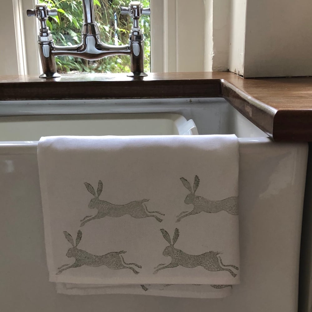 Tea Towel - Hand Printed  Leaping Hares 