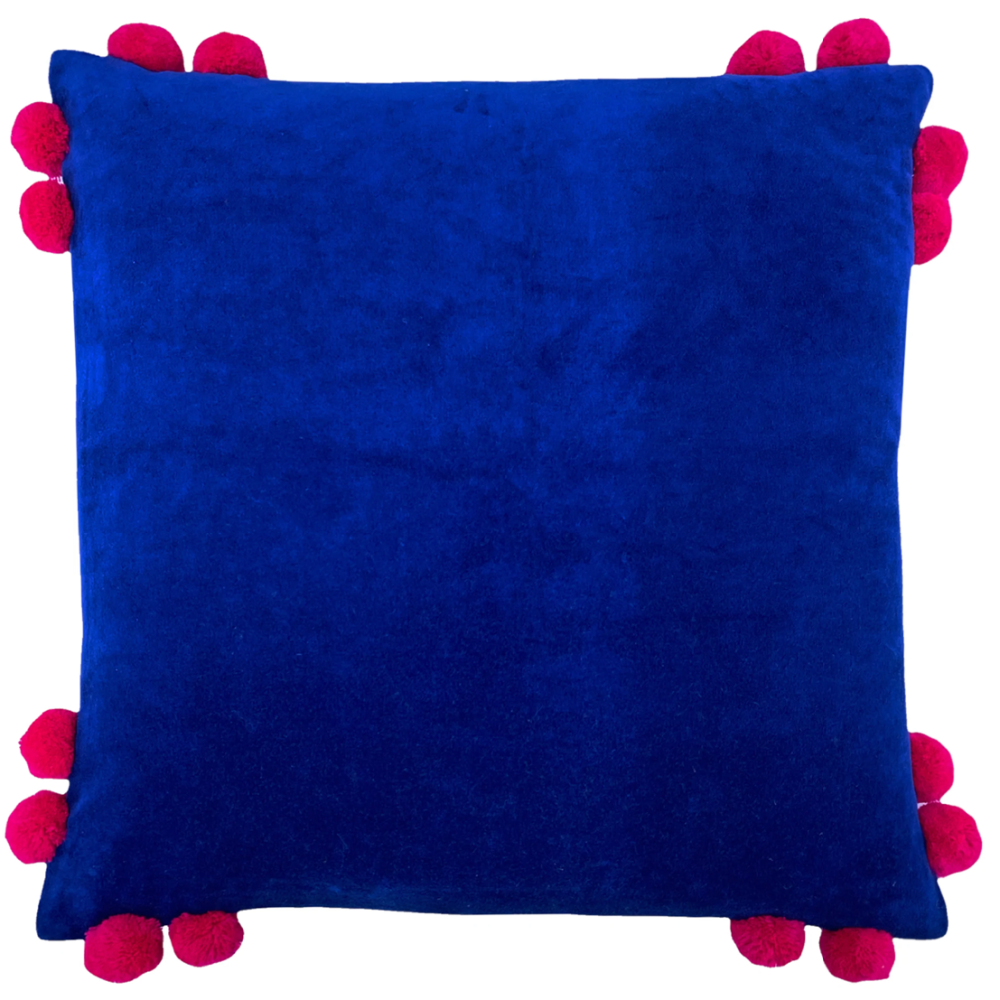 Hoola Velvet Cushion - Blue with Pink Pom Poms