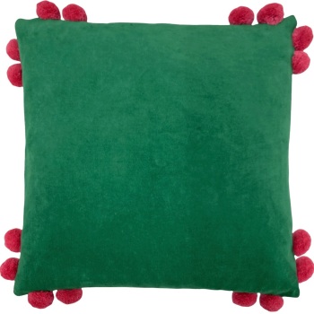 Hoola Velvet Cushion - Emerald Green with Raspberry Pom Poms