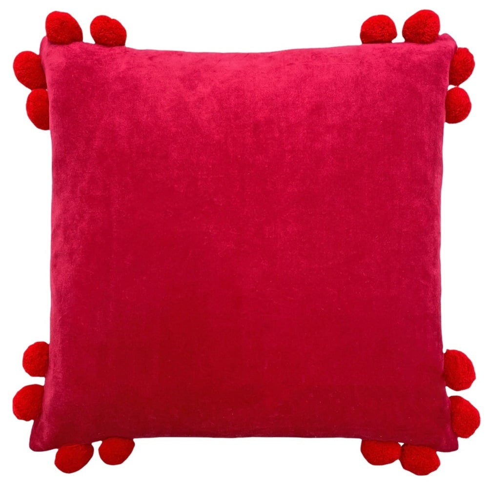 Hoola Velvet Cushion - Fuschia with Red Pom Poms