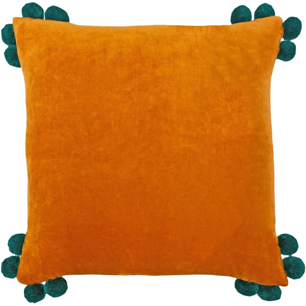 Hoola Velvet Cushion - Orange with Teal Pom Poms