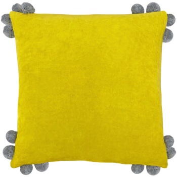 Hoola Velvet Cushion - Yellow with Grey Pom Poms