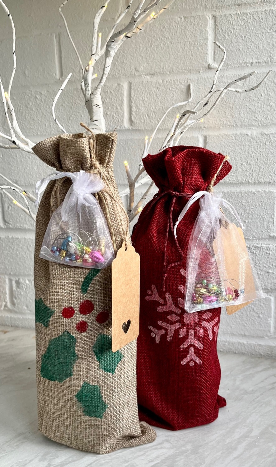 Hand Printed Wine Bottle Bag with Wine Charms