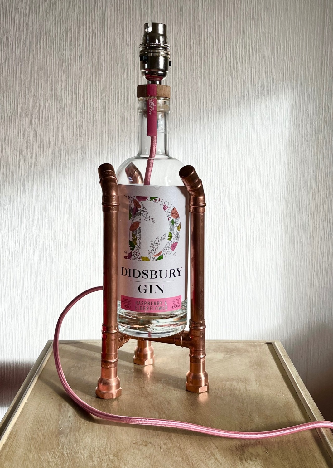 Didsbury Raspberry and Elderflower Gin Bottle Lamp with Copper Base