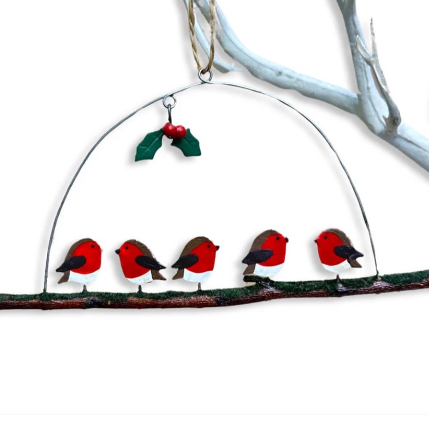 Shoeless Joe - Hanging decoration - Five Robins on a Perch