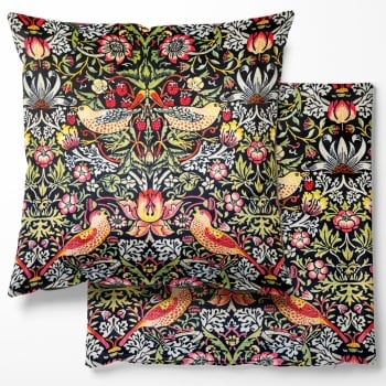 William Morris Velvet Strawberry Thief Cushion - Ebony