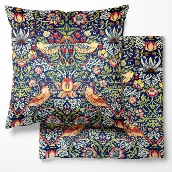 William Morris Velvet Strawberry Thief Cushion - Navy