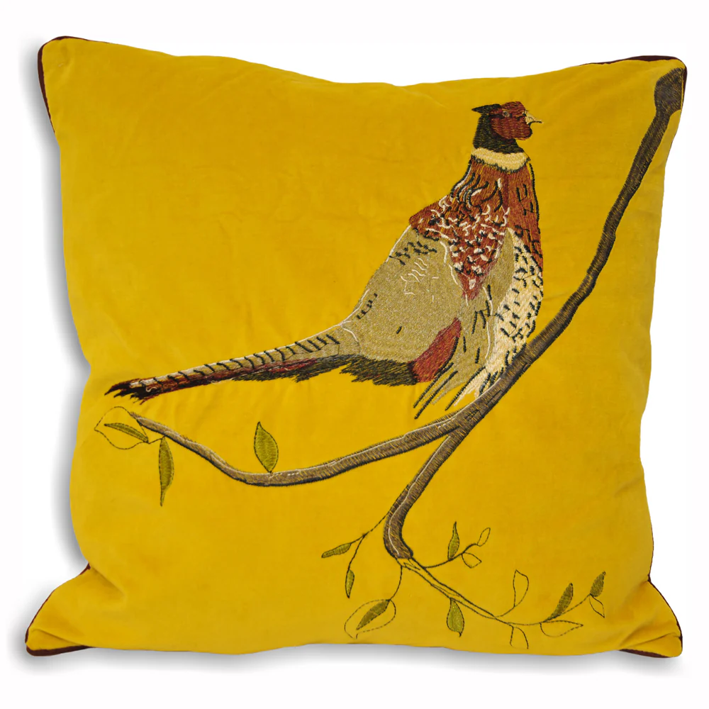 Velvet Pheasant Cushion - Mustard Yellow