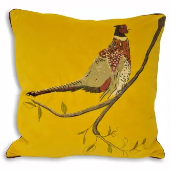 Velvet Hunter Pheasant Cushion - Mustard Yellow