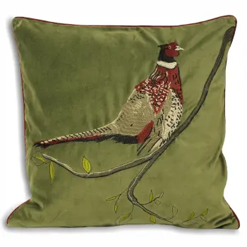 Velvet Hunter Pheasant Cushion - Moss Green