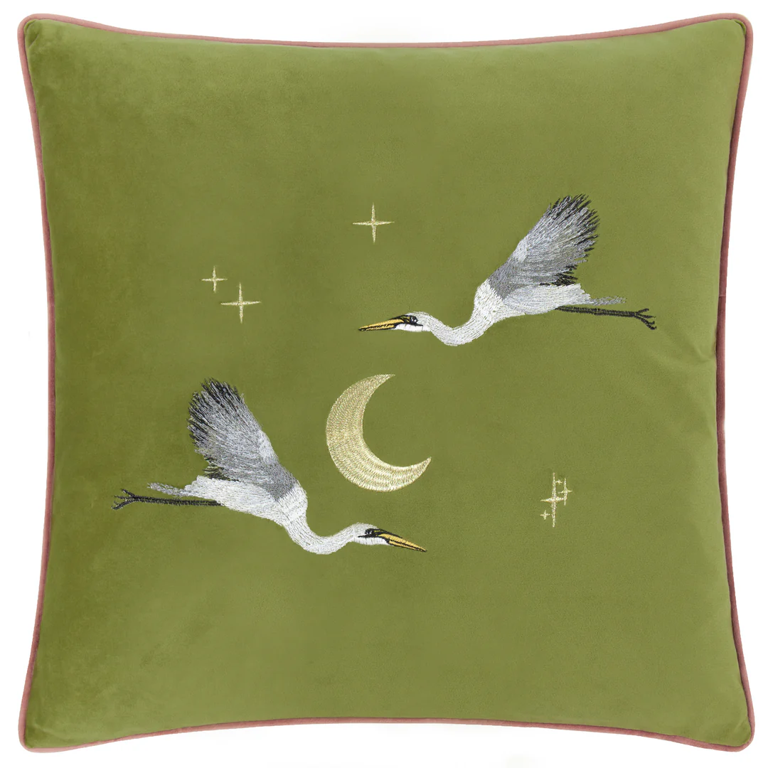 Velvet Cushion - Moonlit Flight - Olive