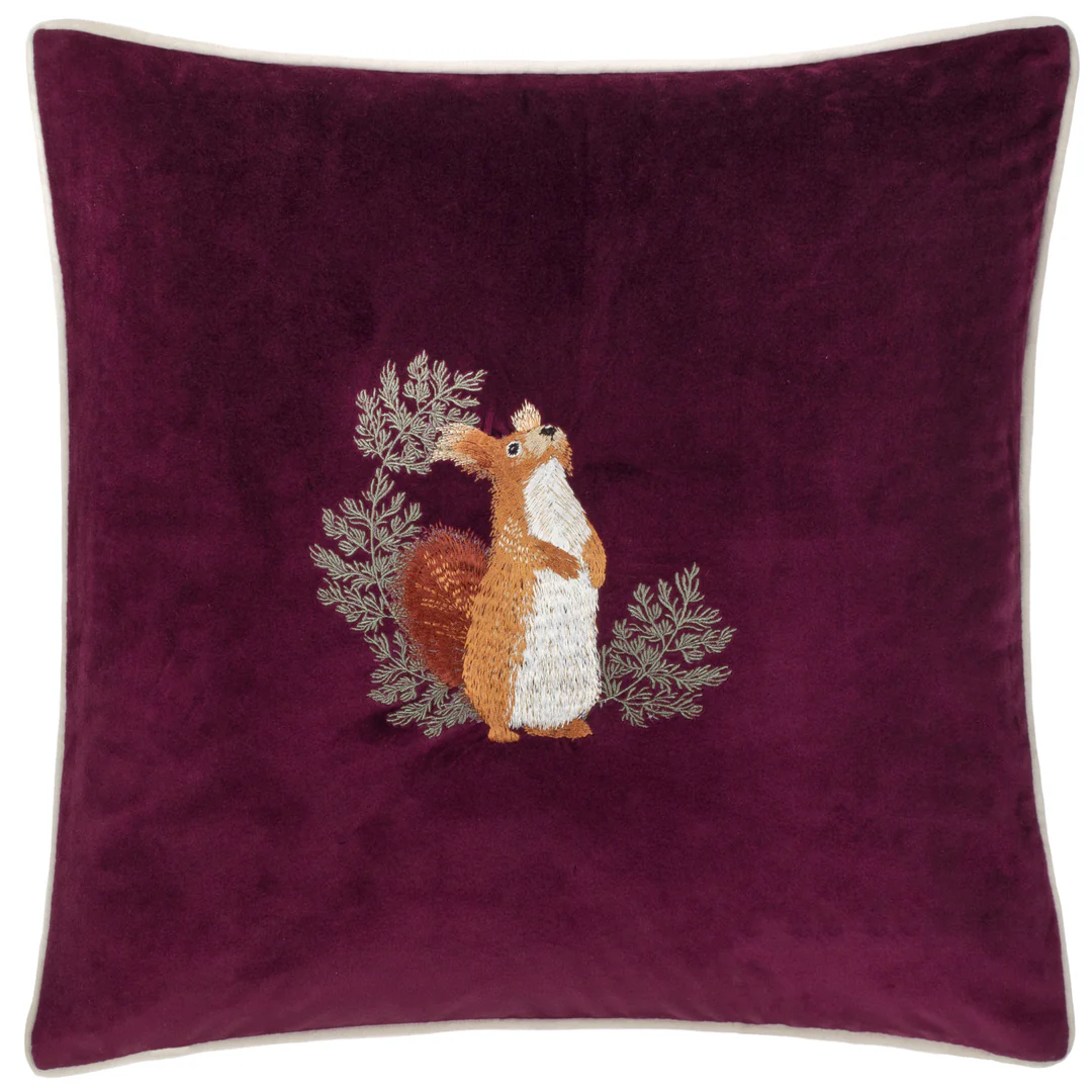 Velvet Cushion - Embroidered Squirrel