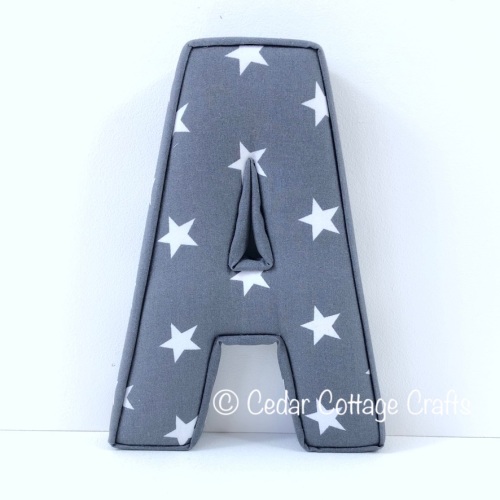 Fabric Covered Padded Letter A - Stars - White on Charcoal