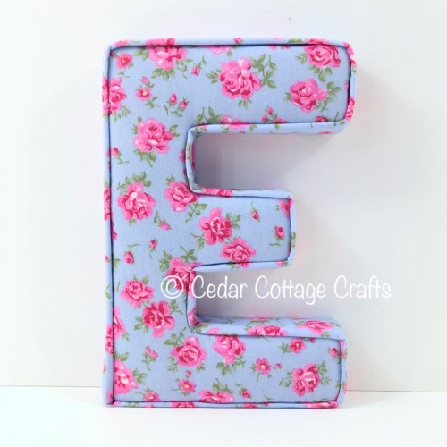 Fabric Covered Padded Letter E- Tea Party Roses in Blue
