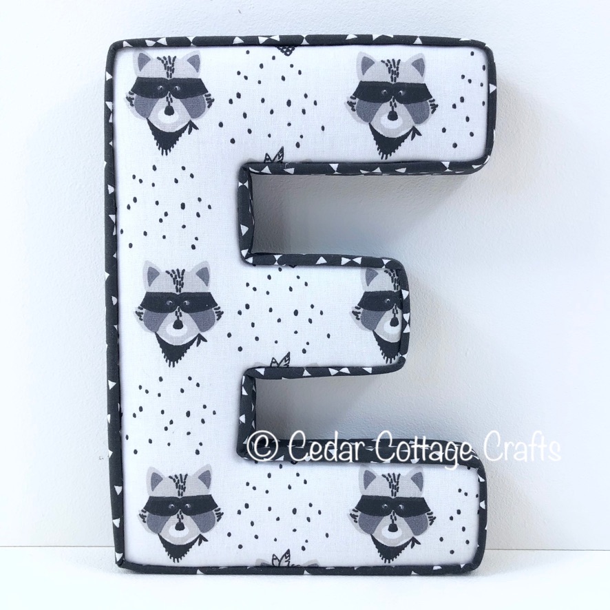 Fabric Covered Padded Letter E- Wild West Racoon