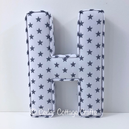 Fabric Covered Padded Letter H - Stars Grey on White