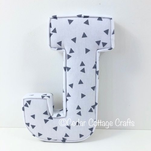 Fabric Covered Padded Letter J - Triangles Grey on White