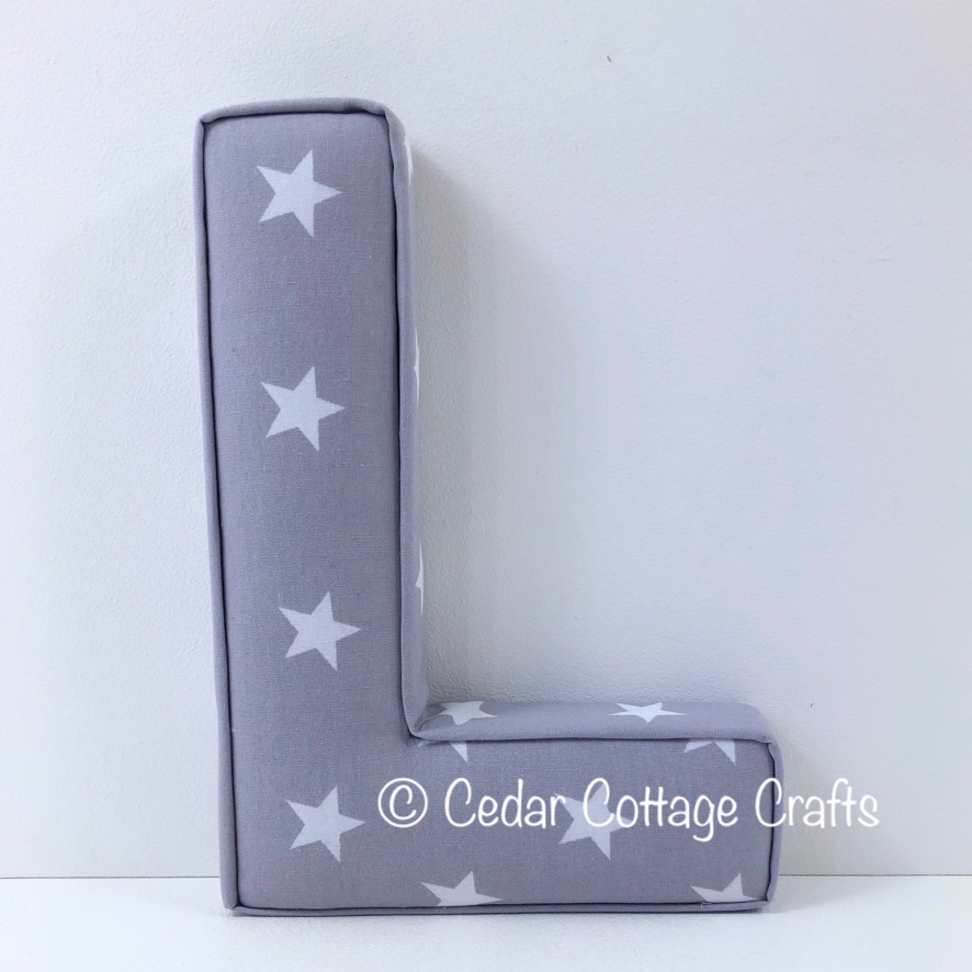Fabric Covered Padded Letter L - Stars - White on Charcoal
