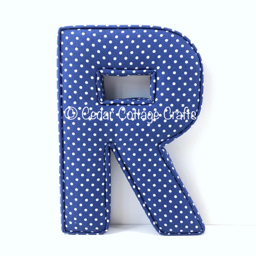 Fabric Covered Padded Letter R - Polka Dot Navy