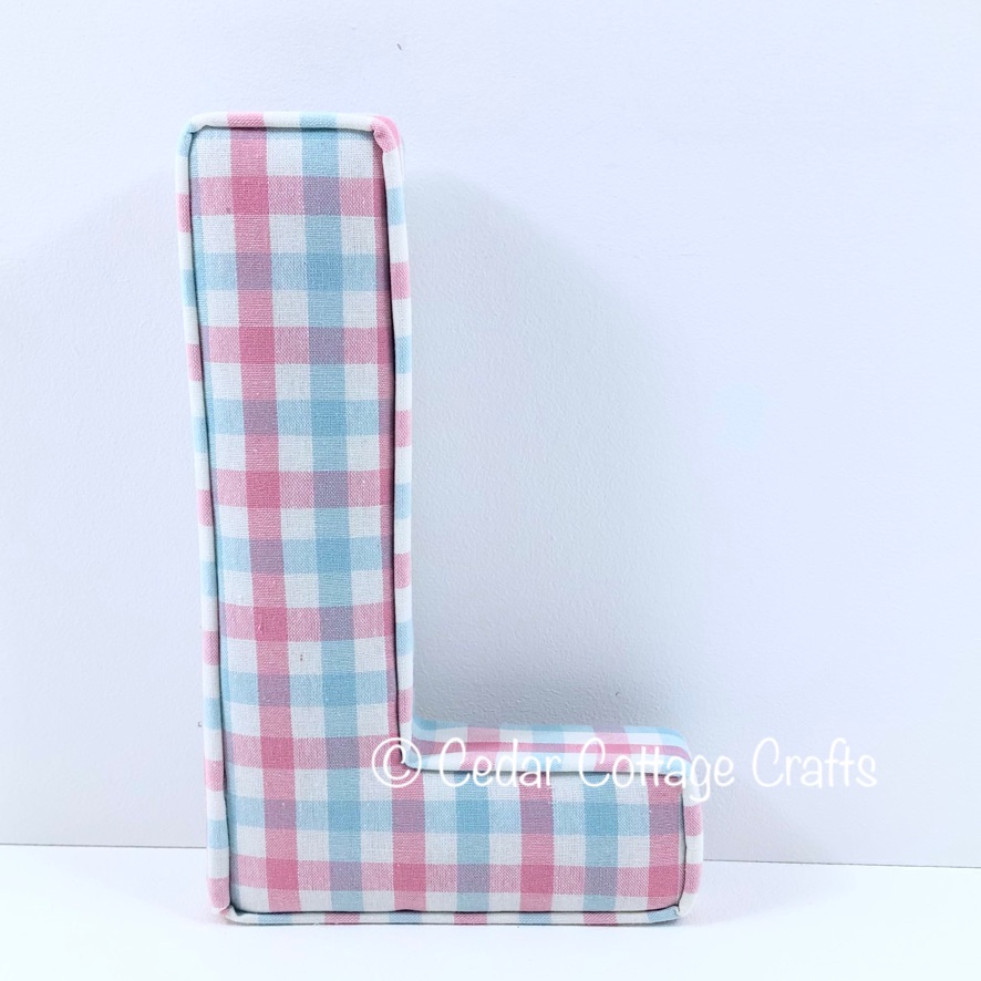 Fabric Covered Padded Letter L - Clouds in Pink & Blue check fabric