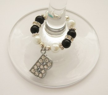 Black & White Rhinestone & Pearl Initial Wine Glass Charm - CC1261