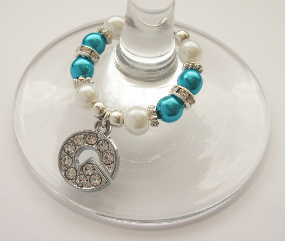 Turquoise & White Rhinestone & Pearl Initial Wine Glass Charm