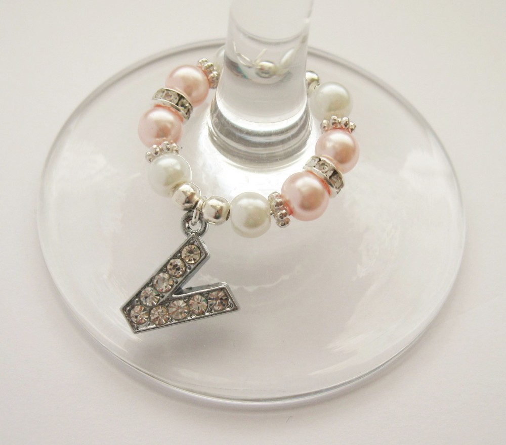 Baby Pink & White Rhinestone & Pearl Initial Wine Glass Charm