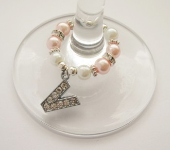 Baby Pink & White Rhinestone & Pearl Initial Wine Glass Charm - CC1263
