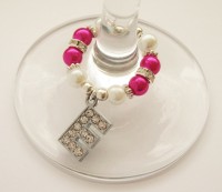Fuchsia Pink & White Rhinestone & Pearl Initial Wine Glass Charm - CC1269